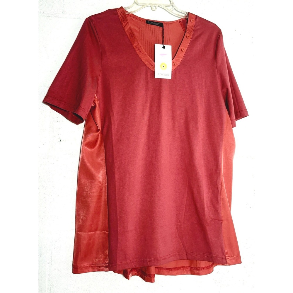 Floraweg Women Top L Deep Coral V-Neck  Mixed Media Short Sleeve Shirt Boho Chic